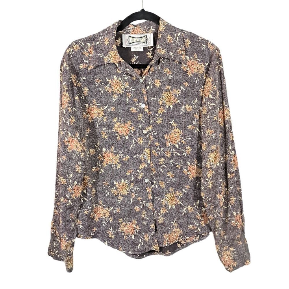 Vintage Hype Buttoned Top Size Large Brown Floral USA Reverse Print Cottagecore